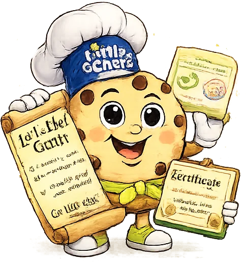 Cookie mascot holding the Little Chef oath scroll