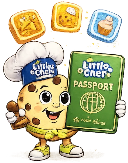 Cookie mascot holding a Little Chef Factory Passport