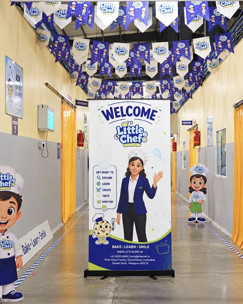The Little Chef welcome corridor with Bake Learn Smile banner
